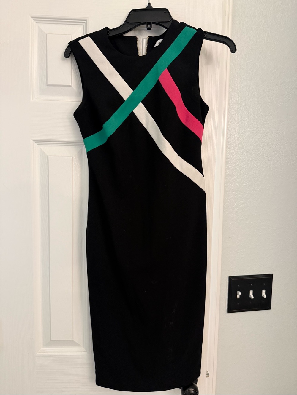 CALVIN KLEIN Sleeveless Black Sheath Dress with Green, White & Pink Stripes